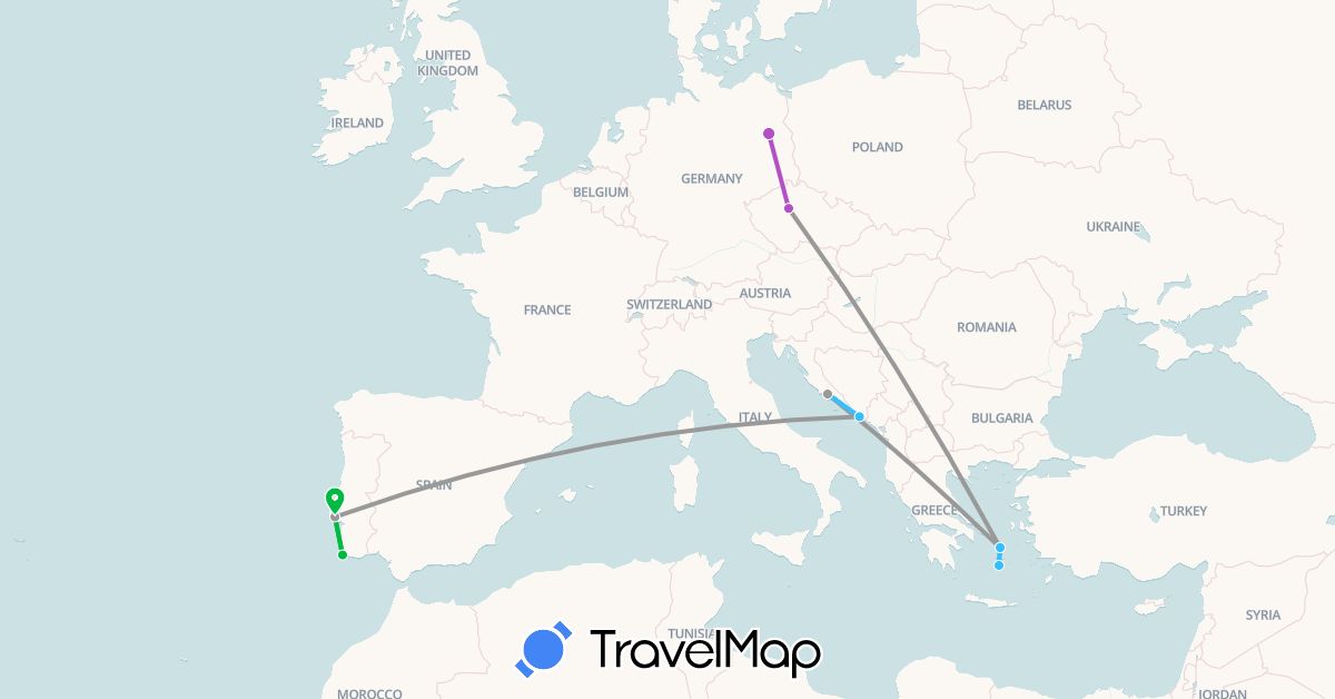 TravelMap itinerary: driving, bus, plane, train, boat in Czech Republic, Germany, Greece, Croatia, Portugal (Europe)