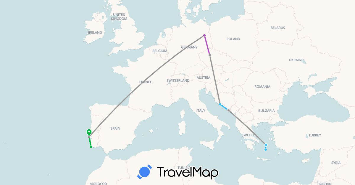 TravelMap itinerary: driving, bus, plane, train, boat in Czech Republic, Germany, Greece, Croatia, Portugal (Europe)