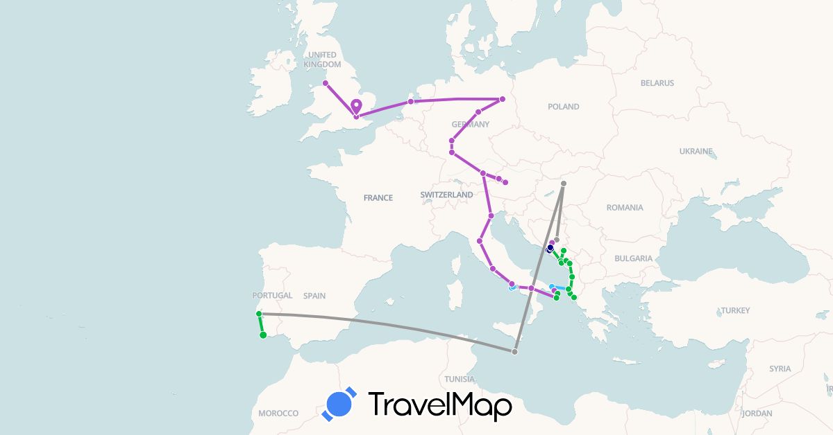 TravelMap itinerary: driving, bus, plane, train, boat in Albania, Austria, Bosnia and Herzegovina, Germany, United Kingdom, Hungary, Italy, Montenegro, Malta, Netherlands, Portugal (Europe)