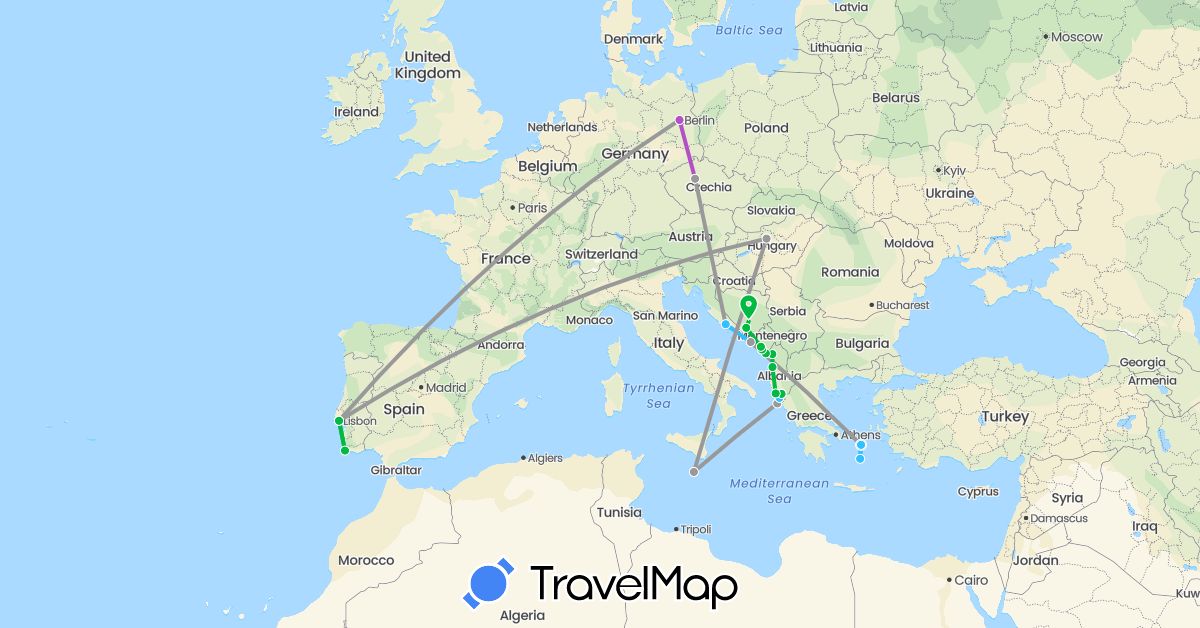 TravelMap itinerary: driving, bus, plane, train, boat in Albania, Bosnia and Herzegovina, Czech Republic, Germany, Greece, Croatia, Hungary, Montenegro, Malta, Portugal (Europe)